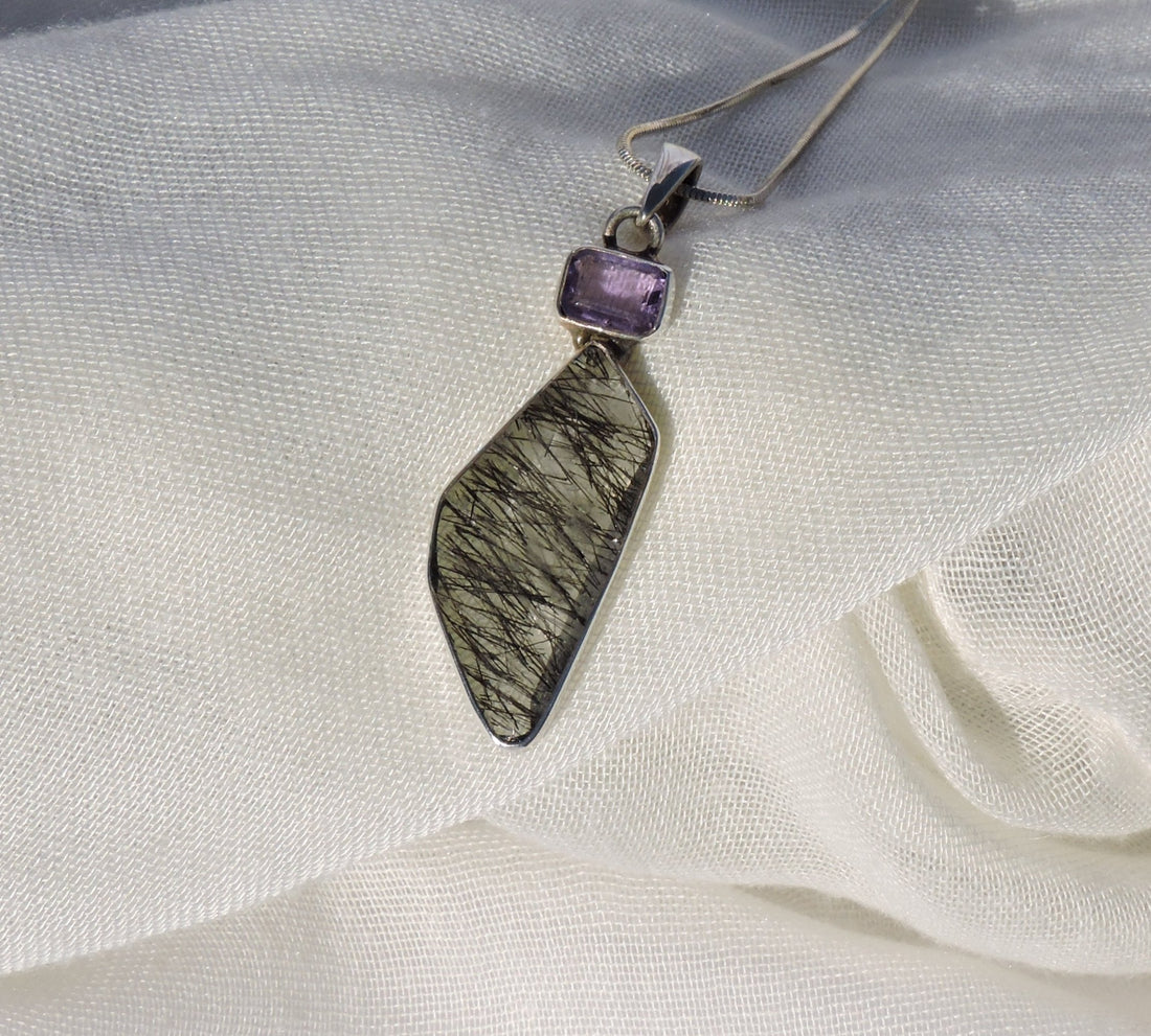 Tourmalated Quartz and Amethyst Pendant