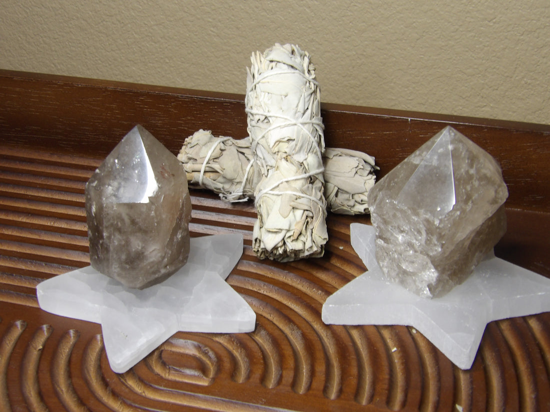 smoky quartz point crystal with raw texture and polish