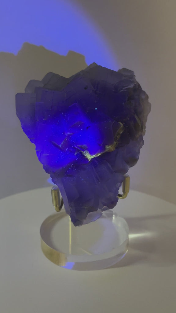 One-of-a-kind UV-reactive blue fluorite crystal from Pakistan with stacked cubic crystal formations and smoky blue-violet color.