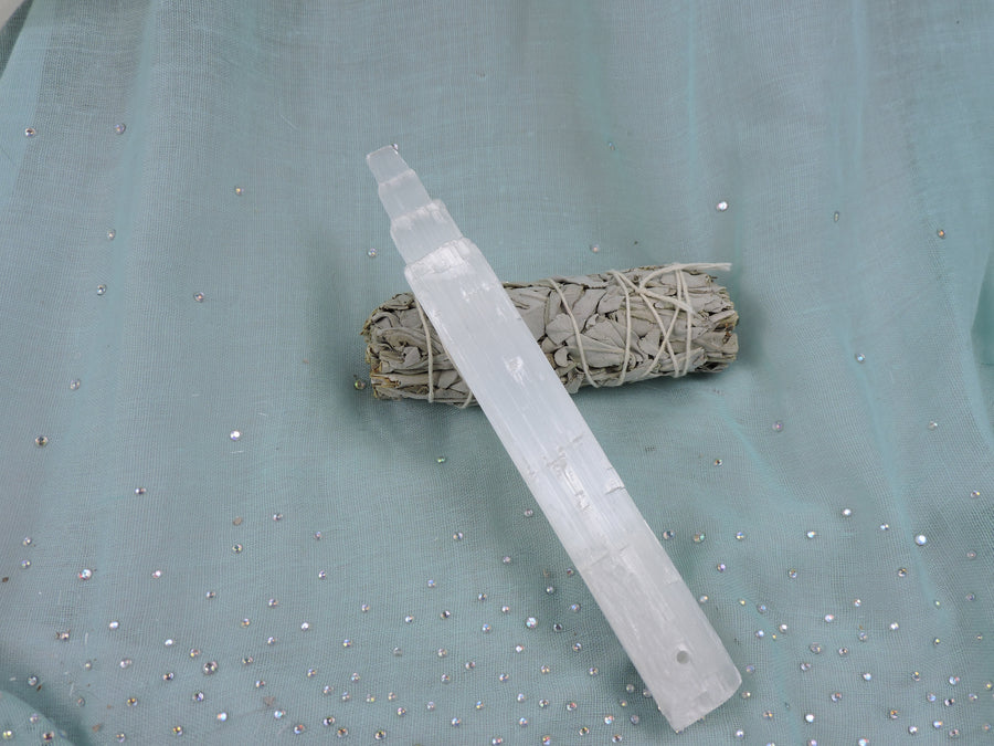 Selenite Tiered Rod (Drilled) 7" $20 (Price Per Piece)